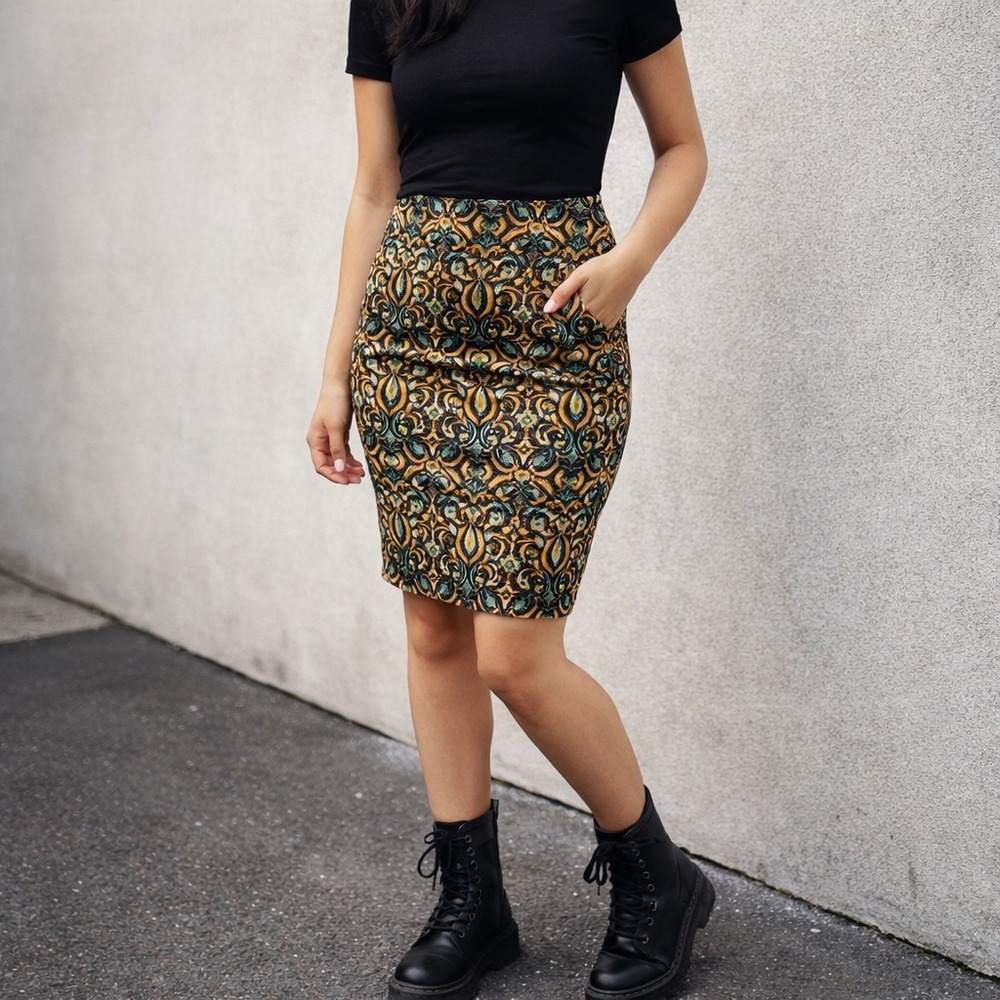 LuLaRoe Cassie Pencil Skirt Boho Baroque Print Mustard Teal Size S